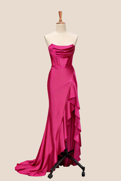 Royal Blue Satin Cowl Neck Frill Slit Long Dress