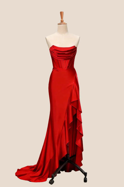 Royal Blue Satin Cowl Neck Frill Slit Long Dress