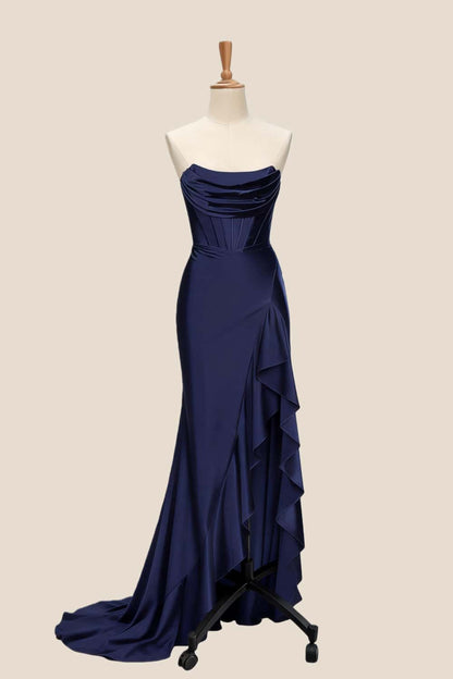 Royal Blue Satin Cowl Neck Frill Slit Long Dress