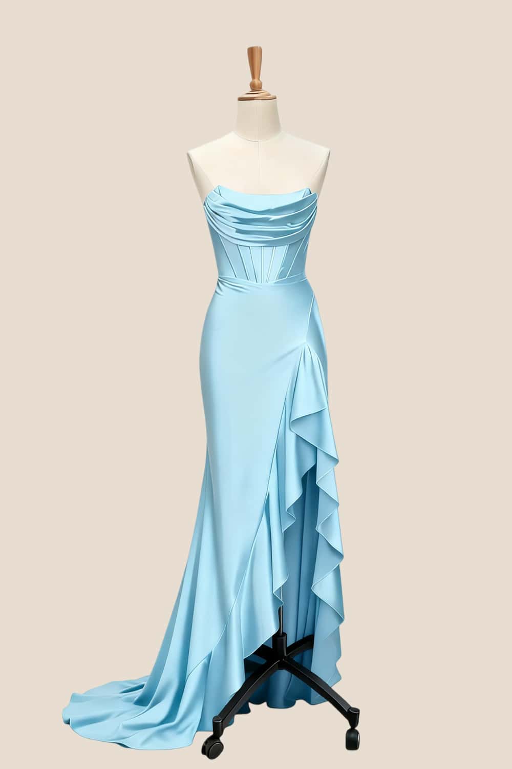 Royal Blue Satin Cowl Neck Frill Slit Long Dress