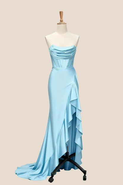 Royal Blue Satin Cowl Neck Frill Slit Long Dress