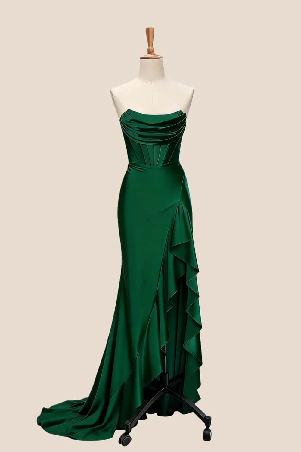 Royal Blue Satin Cowl Neck Frill Slit Long Dress