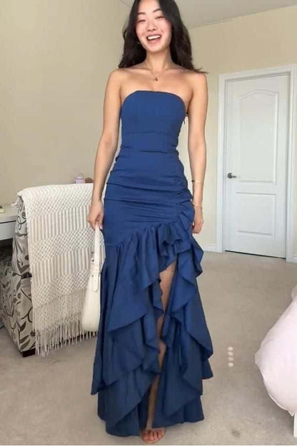 Strapless Burgundy Mermaid Ruffle Long Dress