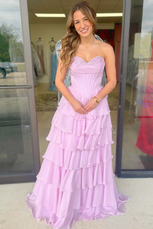 Blue Beaded Corset Chiffon Ruffle Prom Gown