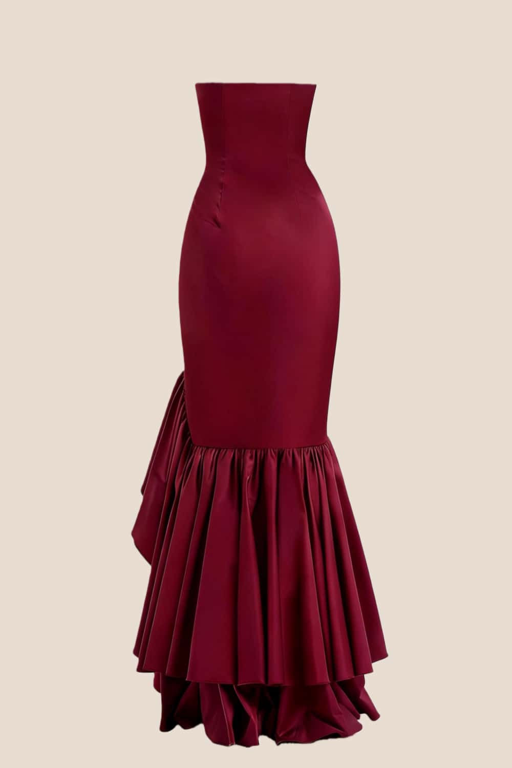 Strapless Burgundy Mermaid Ruffle Long Dress