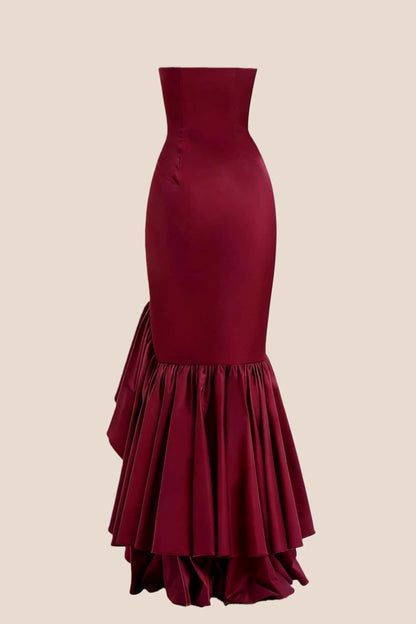 Strapless Burgundy Mermaid Ruffle Long Dress