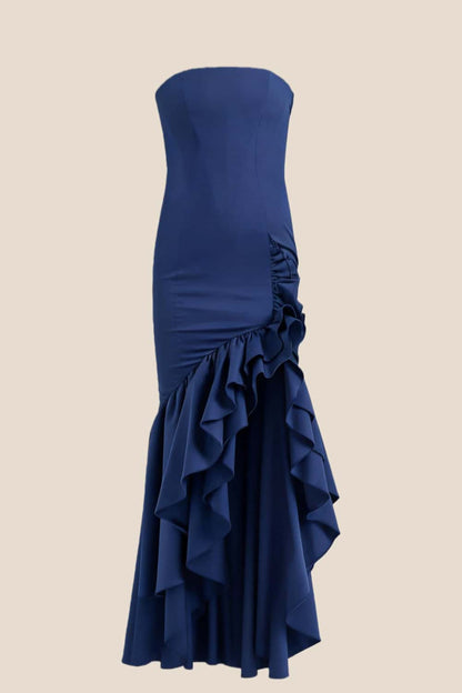 Strapless Burgundy Mermaid Ruffle Long Dress