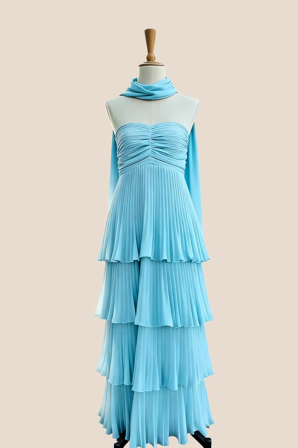 Pink Pleated Tiered Maxi Dress with Scarf
