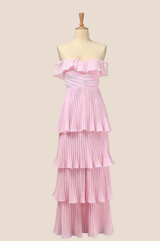 Off the Shoulder Yellow Pleated Maxi Dress