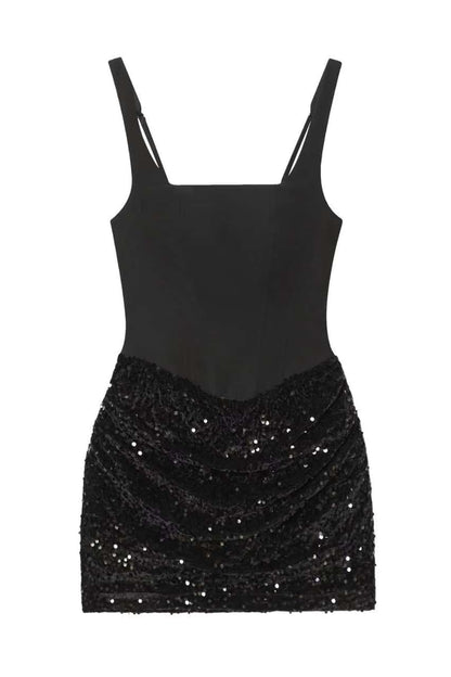 Square Neck Burgundy Sequin Ruched Mini Dress