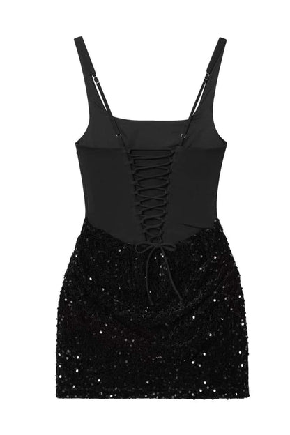 Square Neck Burgundy Sequin Ruched Mini Dress