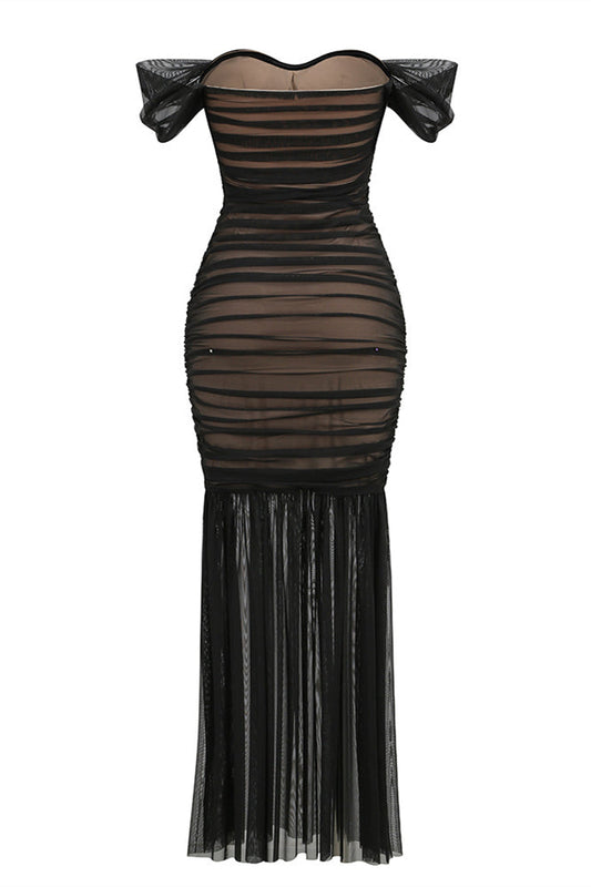 Off the Shoulder Black Ruched Fitted Long Dress
