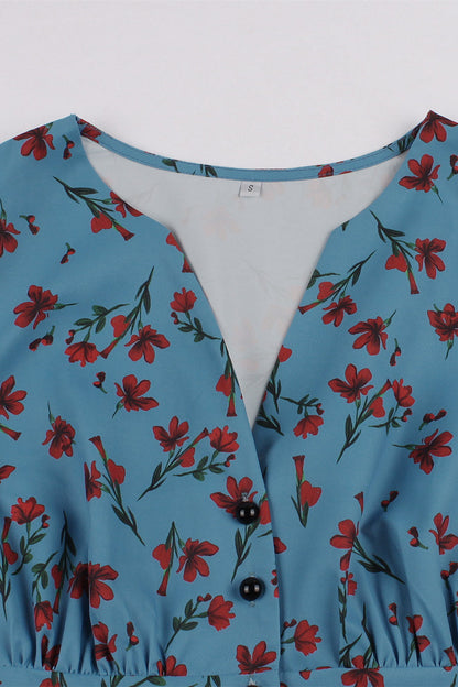 Blue Floral Empire Strapless Swing Dress with Buttons