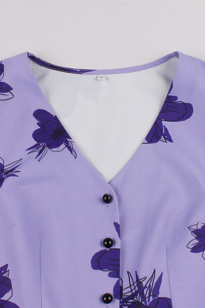 Sleeveless Purple Floral Swing Dress with Buttons