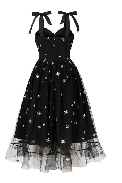 Black Mesh Short Dress with Sequin Stars