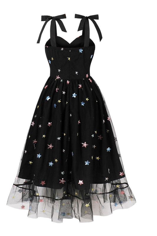 Black Mesh Short Dress with Sequin Stars