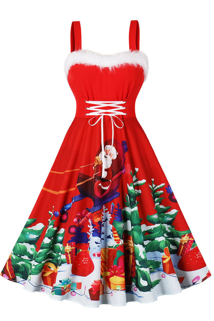 Santa Print Red A-line Christmas Dress