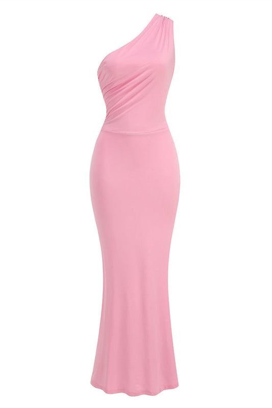 One Shoulder Pink Back Tie Fitted Long Dress