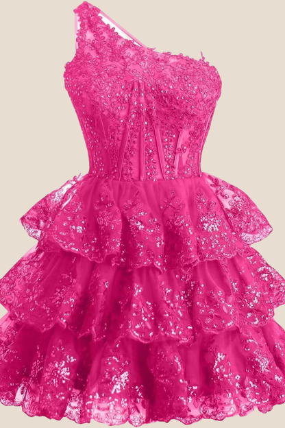 One Shoulder Blue Sequin Tiered Short Dress
