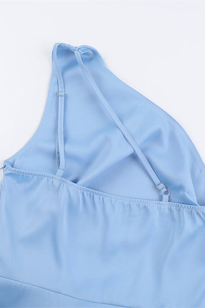 One Shoulder Blue Ruched Slit Long Dress