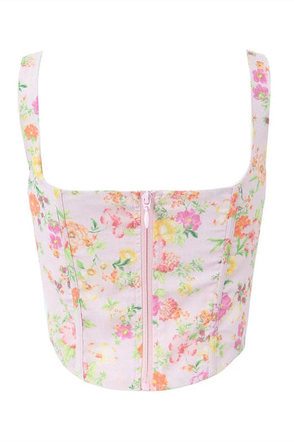 Pink Floral Print Long Dress with Boning