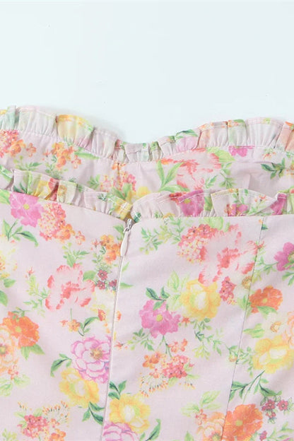 Pink Floral Print Long Dress with Boning