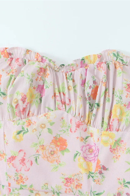 Pink Floral Print Long Dress with Boning