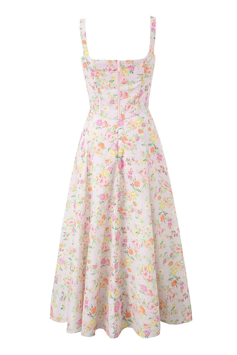 Pink Floral Print Long Dress with Boning