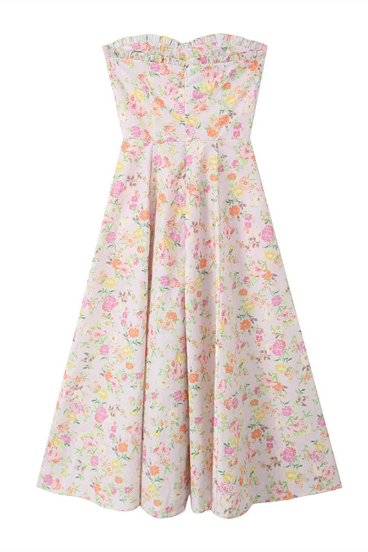 Pink Floral Print Long Dress with Boning