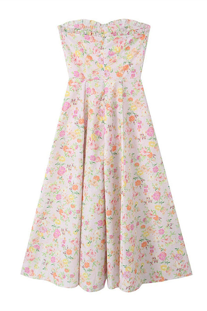 Pink Floral Print Long Dress with Boning