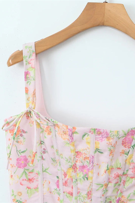 Pink Floral Print Long Dress with Boning