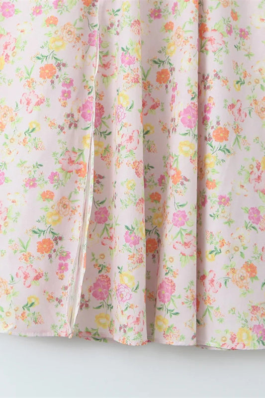 Pink Floral Print Long Dress with Boning