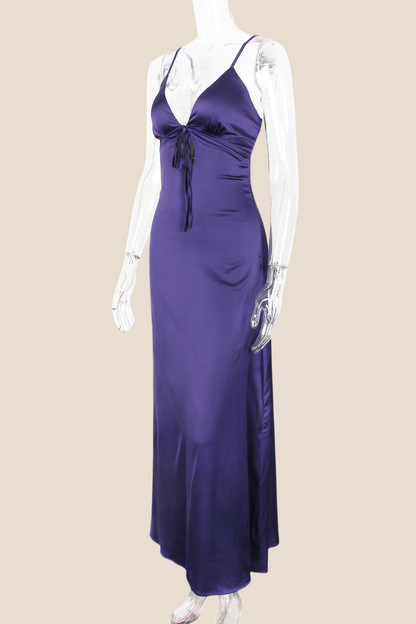 Plunge Neck Purple Back Tie Long Dress