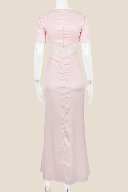 Puff Sleeves Pink Lace Splicing Mermaid Long Dress