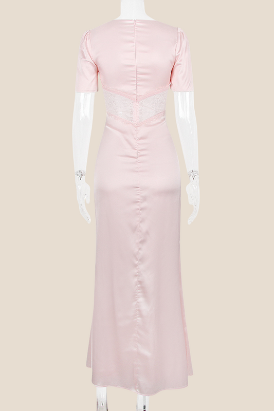 Puff Sleeves Pink Lace Splicing Mermaid Long Dress