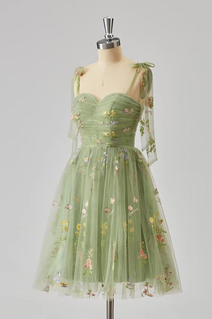 Tie Shoulders Blue Floral A-line Short Dress
