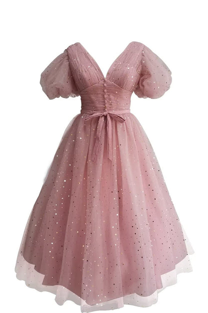 Red Puffy Sleeves Glitters Tea Length Dress