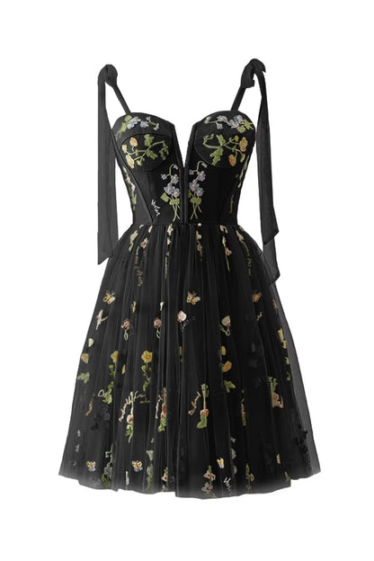 Green Floral Tulle A-line Short Dress with Tie Shoulders