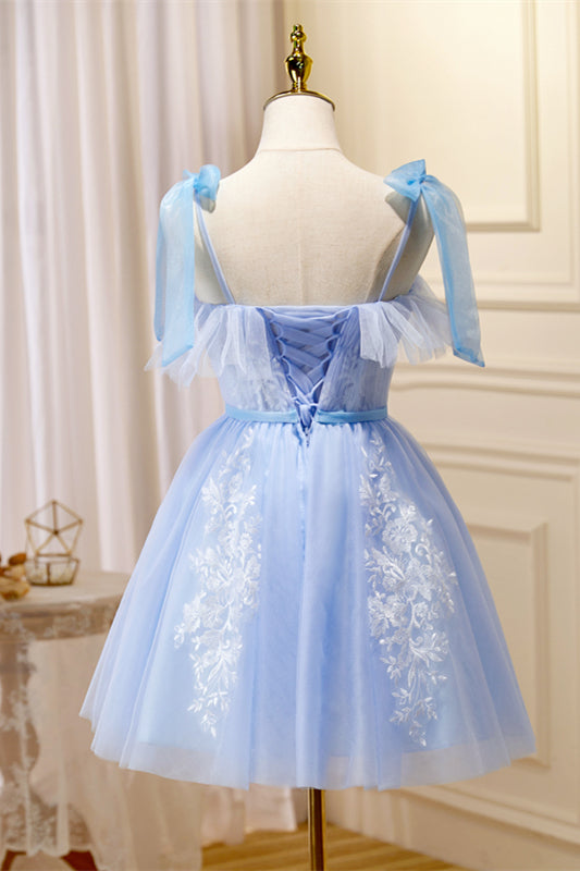 Sky Blue Tulle and White Lace Short A-line Princess Dress