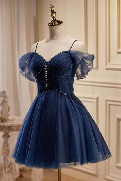 Off the Shoulder Navy Blue Corset Short Party Dress