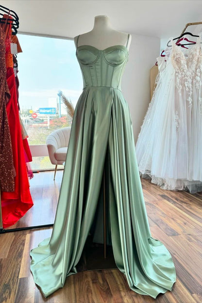Sage Green Corset A-line Satin Long Formal Dress