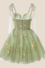 Sage Green Floral Embroidery A-line Short Dress