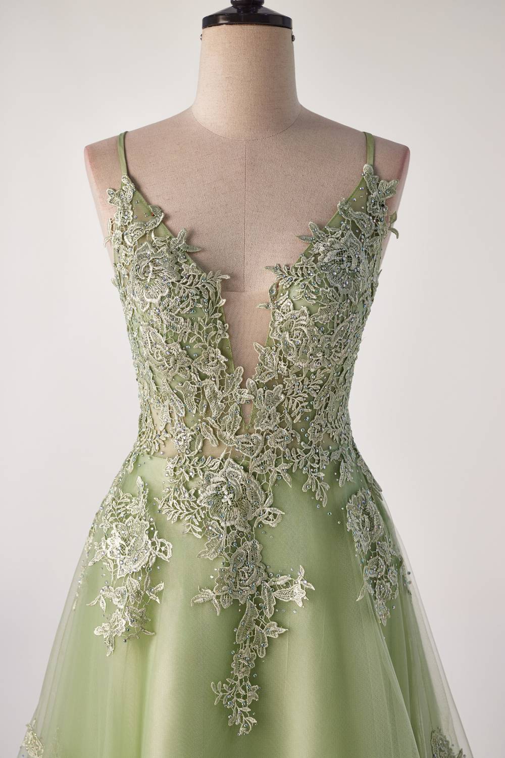 Sage Green Lace Appliques A-line Long Formal Dress