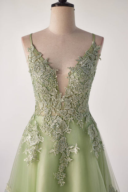 Sage Green Lace Appliques A-line Long Formal Dress