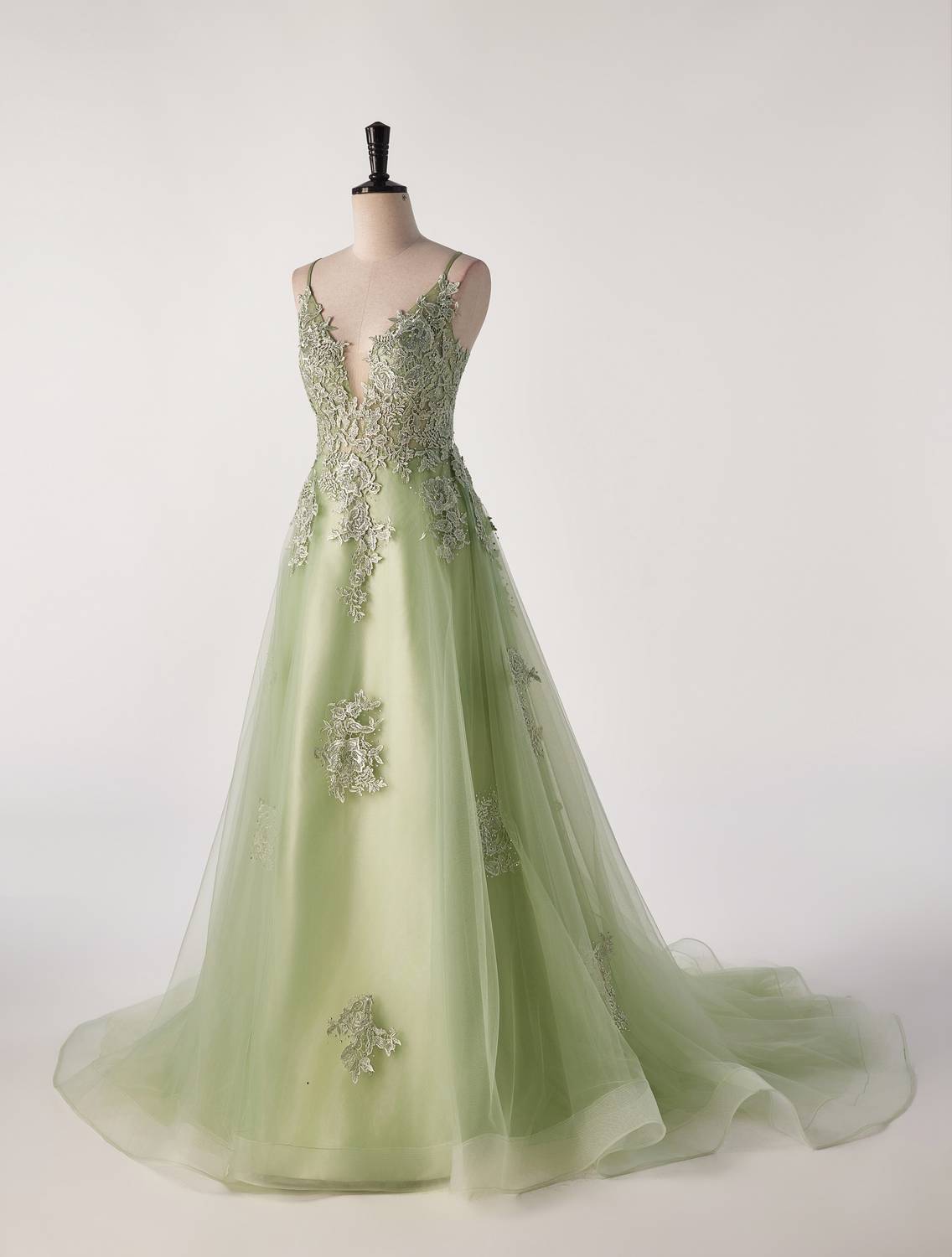 Sage Green Lace Appliques A-line Long Formal Dress