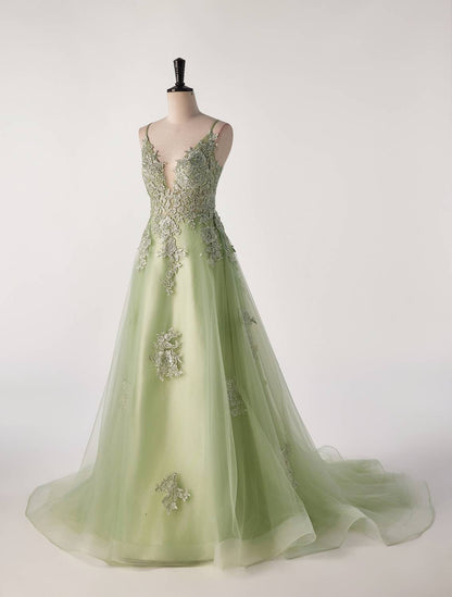 Sage Green Lace Appliques A-line Long Formal Dress