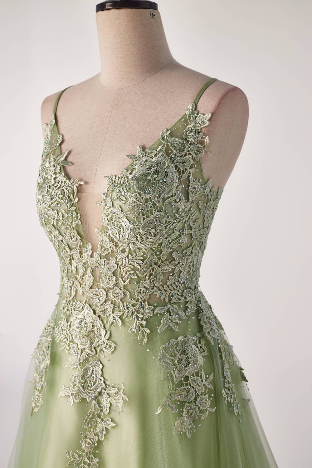 Sage Green Lace Appliques A-line Long Formal Dress