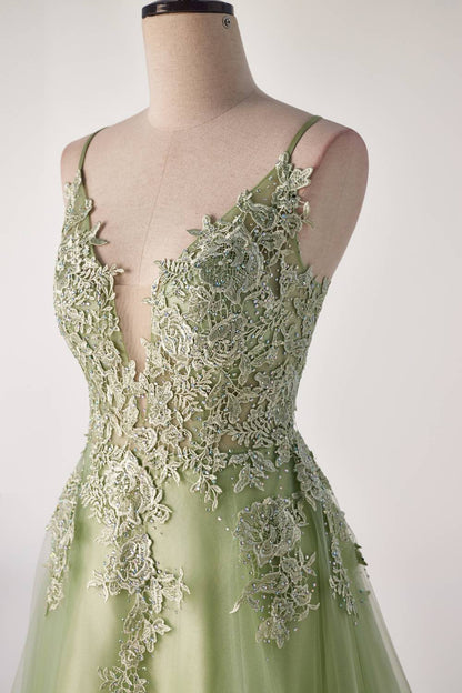 Sage Green Lace Appliques A-line Long Formal Dress