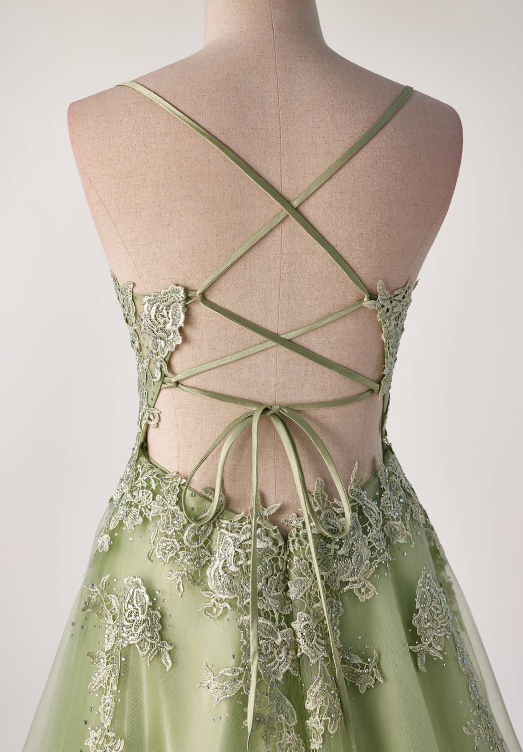 Sage Green Lace Appliques A-line Long Formal Dress