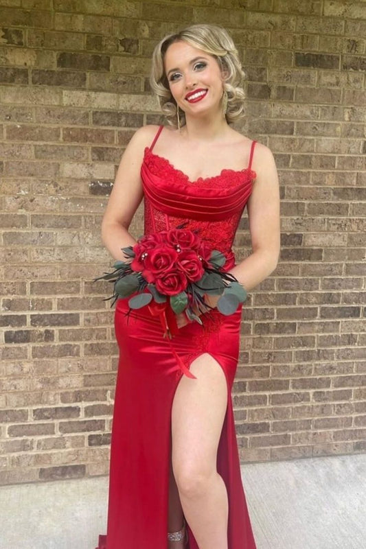 Scoop Red Lace and Satin A-line Long Formal Dress